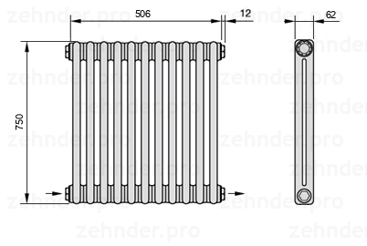 Схема (чертеж) Радиатор Zehnder Charleston 2075/11 №2670 Белый глянцевый RAL 9016
